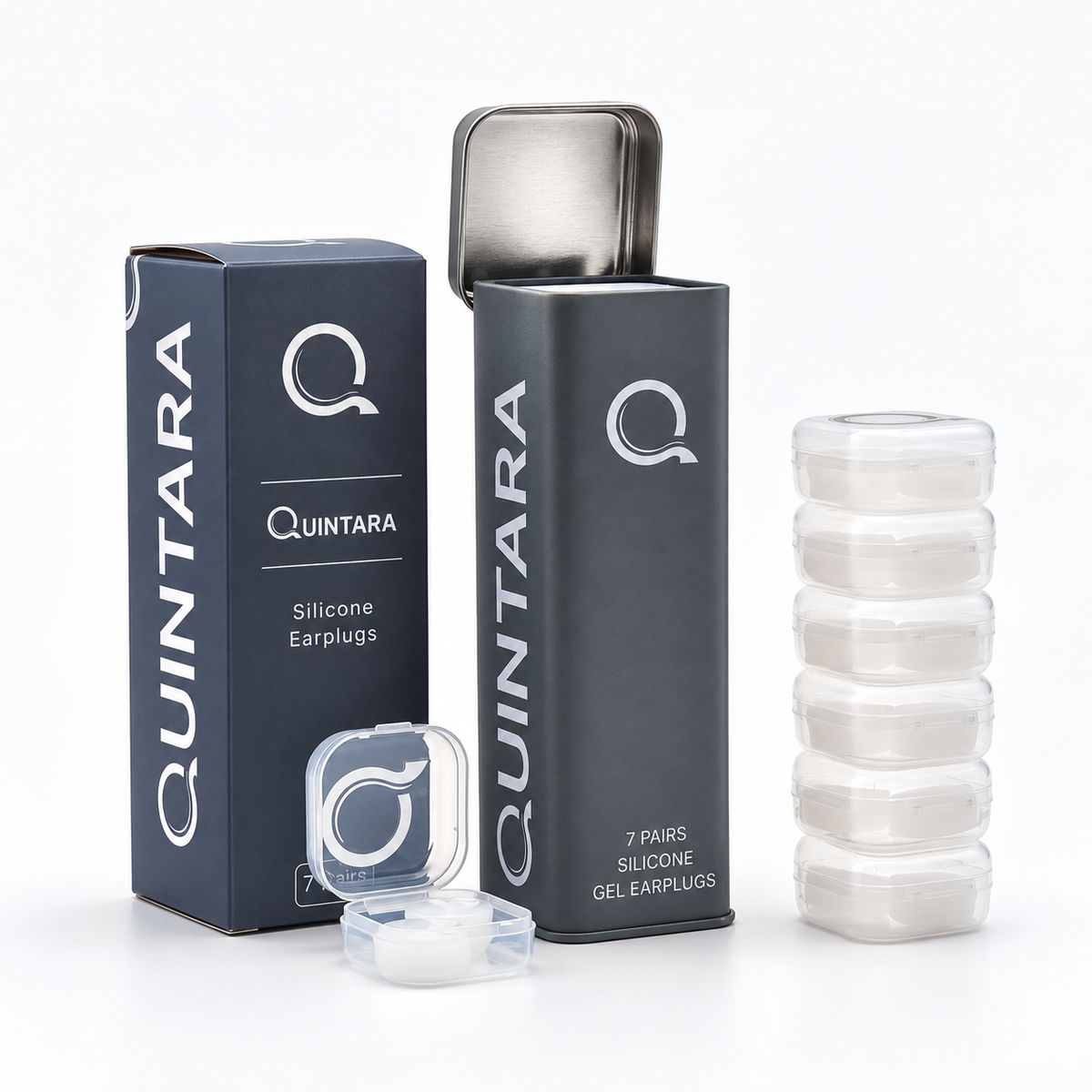 Quintara box, case and seven earplug pods
